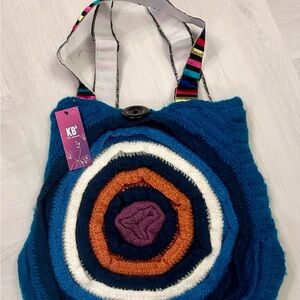 Blue and Orange Knitted Tote Bag with Spiral Design